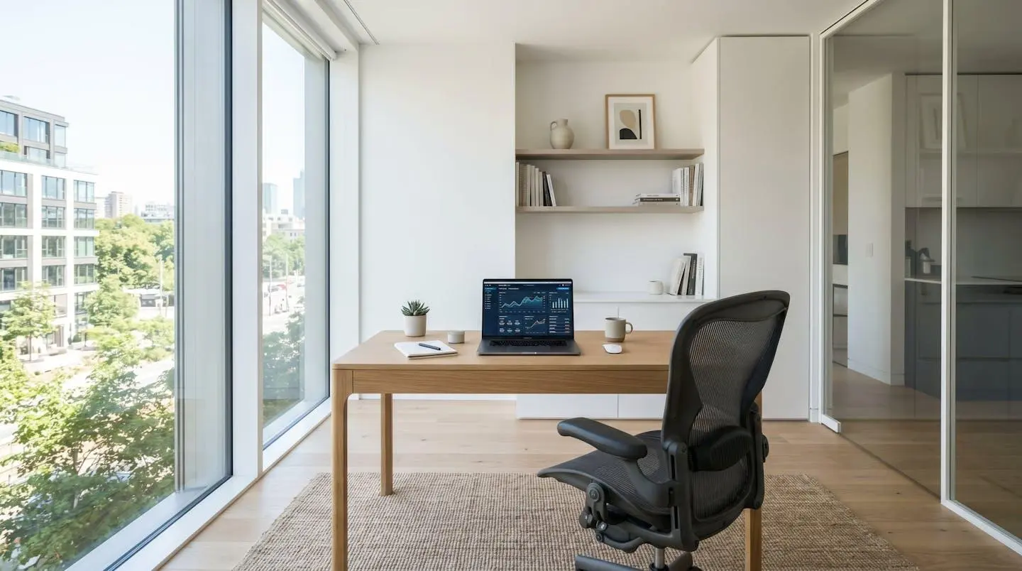 Vue en grand angle d'un bureau à domicile moderne et minimaliste avec un ordinateur portable ouvert sur un tableau de bord financier, chaise ergonomique vide, grande fenêtre diffusant une lumière naturelle abondante