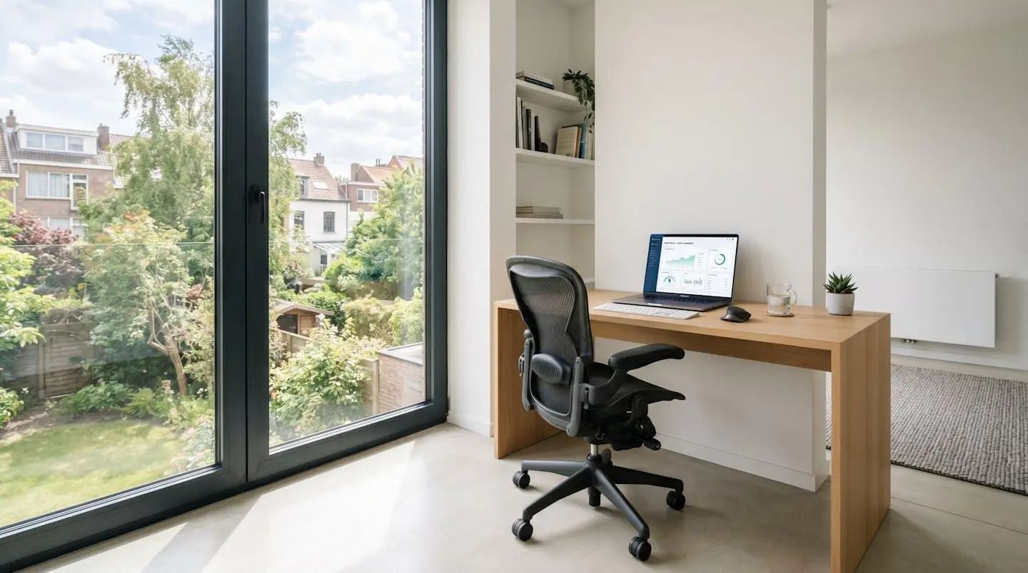 Vue en grand angle d'un bureau à domicile moderne et minimaliste avec un ordinateur portable ouvert sur un tableau de bord financier, chaise ergonomique vide, grande fenêtre diffusant une lumière naturelle abondante