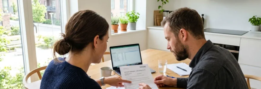Un couple dans la trentaine consulte attentivement des documents de crédit immobilier posés sur une table de cuisine moderne, éclairés par la lumière naturelle d'une fenêtre