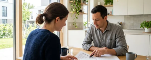 Un couple dans la trentaine consulte attentivement des documents de crédit immobilier posés sur une table de cuisine moderne, éclairés par la lumière naturelle d'une fenêtre