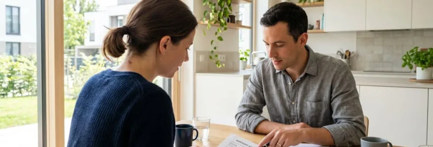 Un couple dans la trentaine consulte attentivement des documents de crédit immobilier posés sur une table de cuisine moderne, éclairés par la lumière naturelle d'une fenêtre