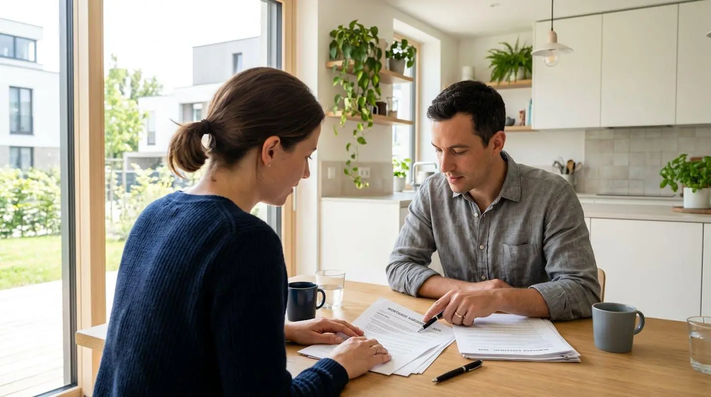 Un couple dans la trentaine consulte attentivement des documents de crédit immobilier posés sur une table de cuisine moderne, éclairés par la lumière naturelle d'une fenêtre