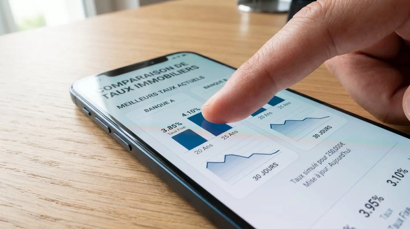 Gros plan d'un doigt faisant défiler l'écran d'un smartphone moderne affichant des graphiques et pourcentages de taux de crédit immobilier