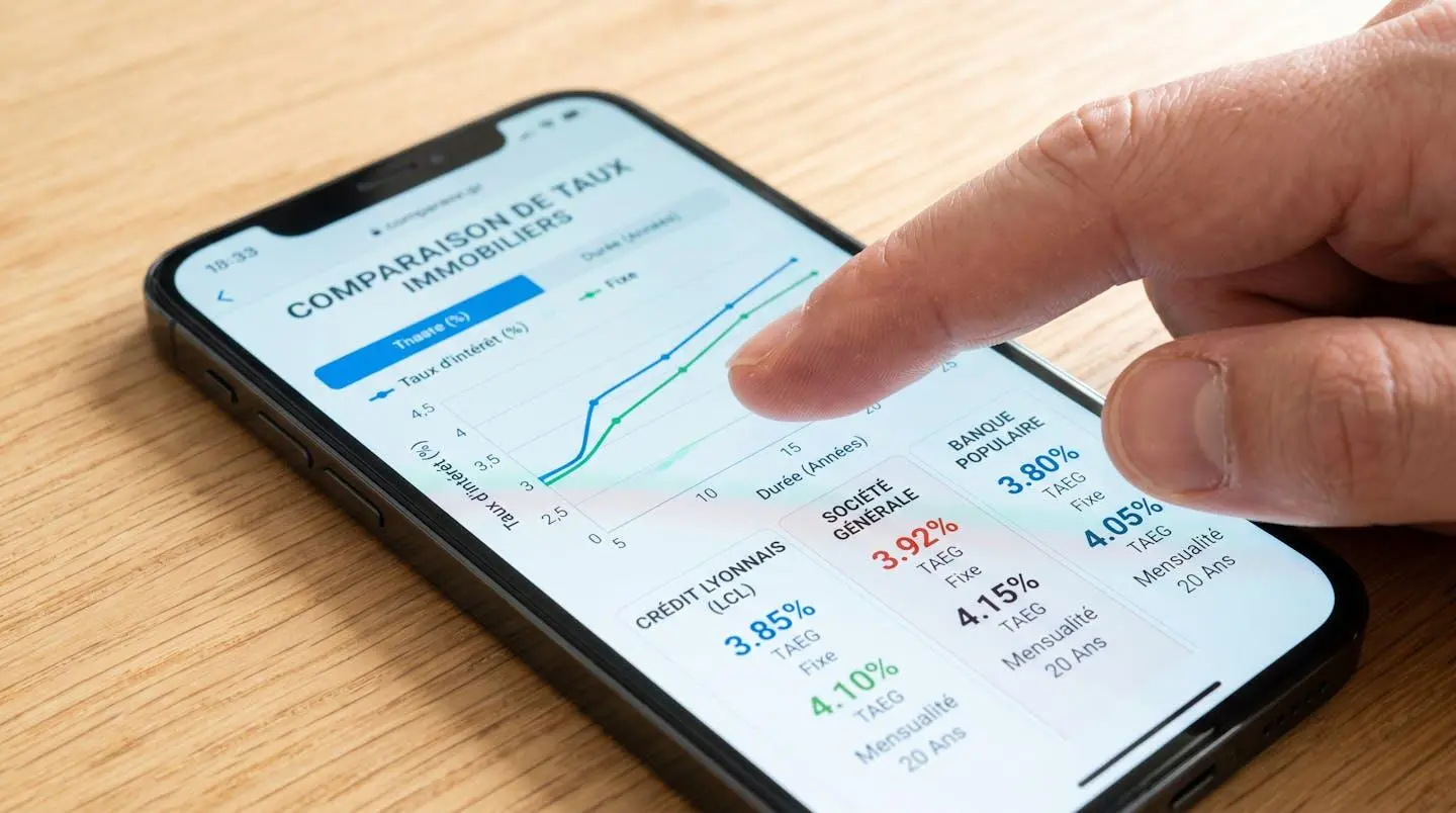 Gros plan d'un doigt faisant défiler l'écran d'un smartphone moderne affichant des graphiques et pourcentages de taux de crédit immobilier